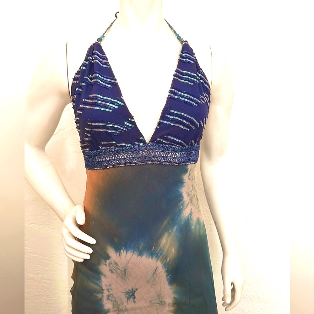 Elegant silk  Blue and Cream Tie-Dye bling halter Midi Dress
